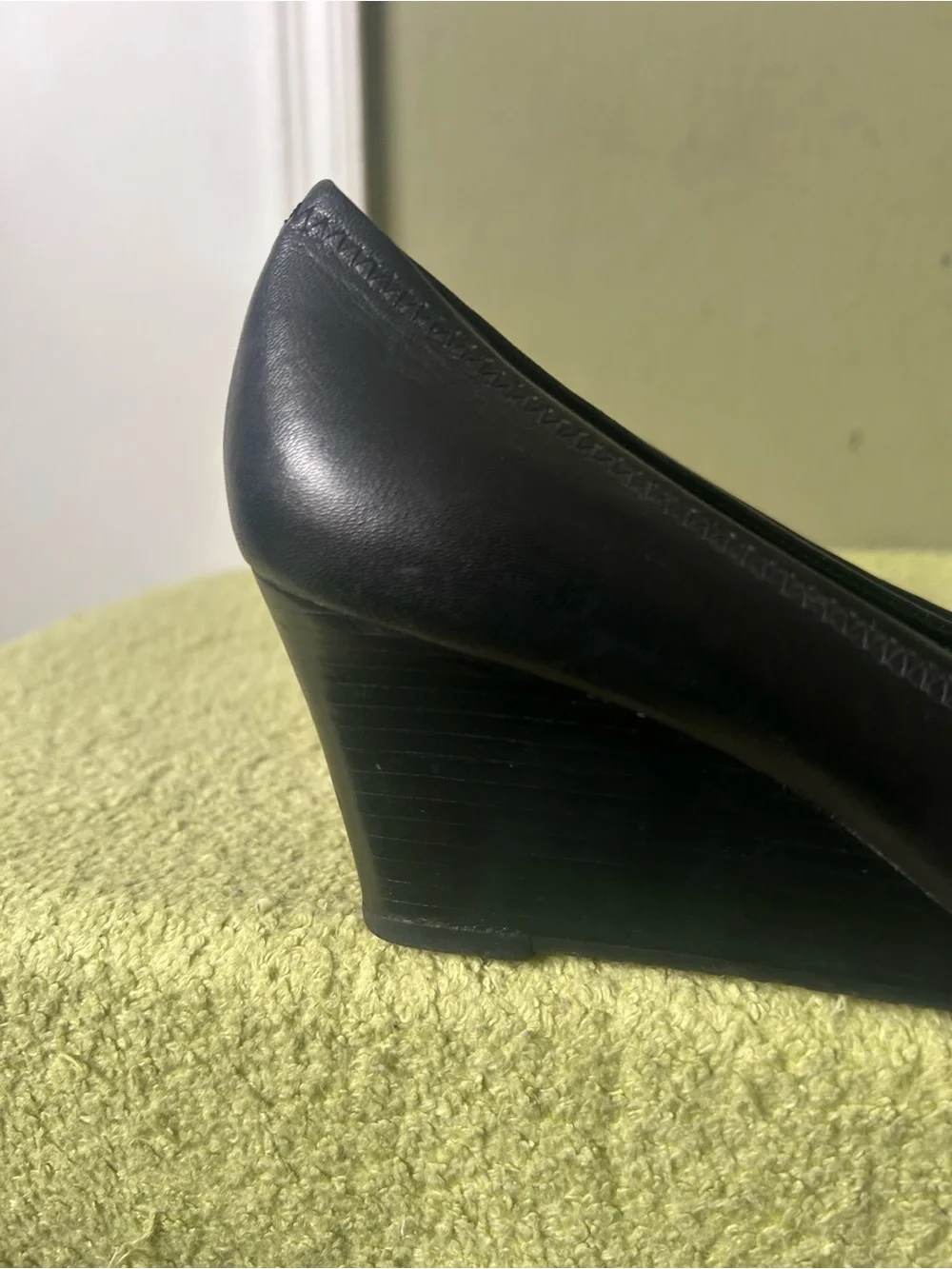 Tory Burch Black Leather Logo Round-Toe Wedge Heels with Gold Emblem